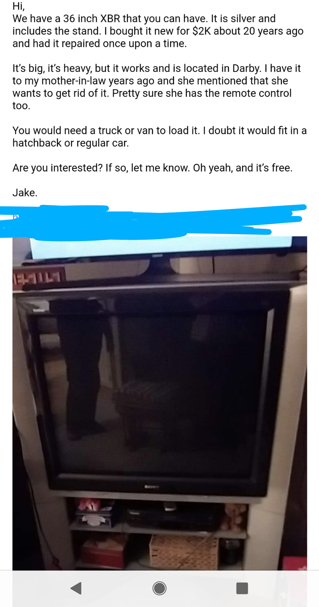 1989 Sony TV found on Craigslist