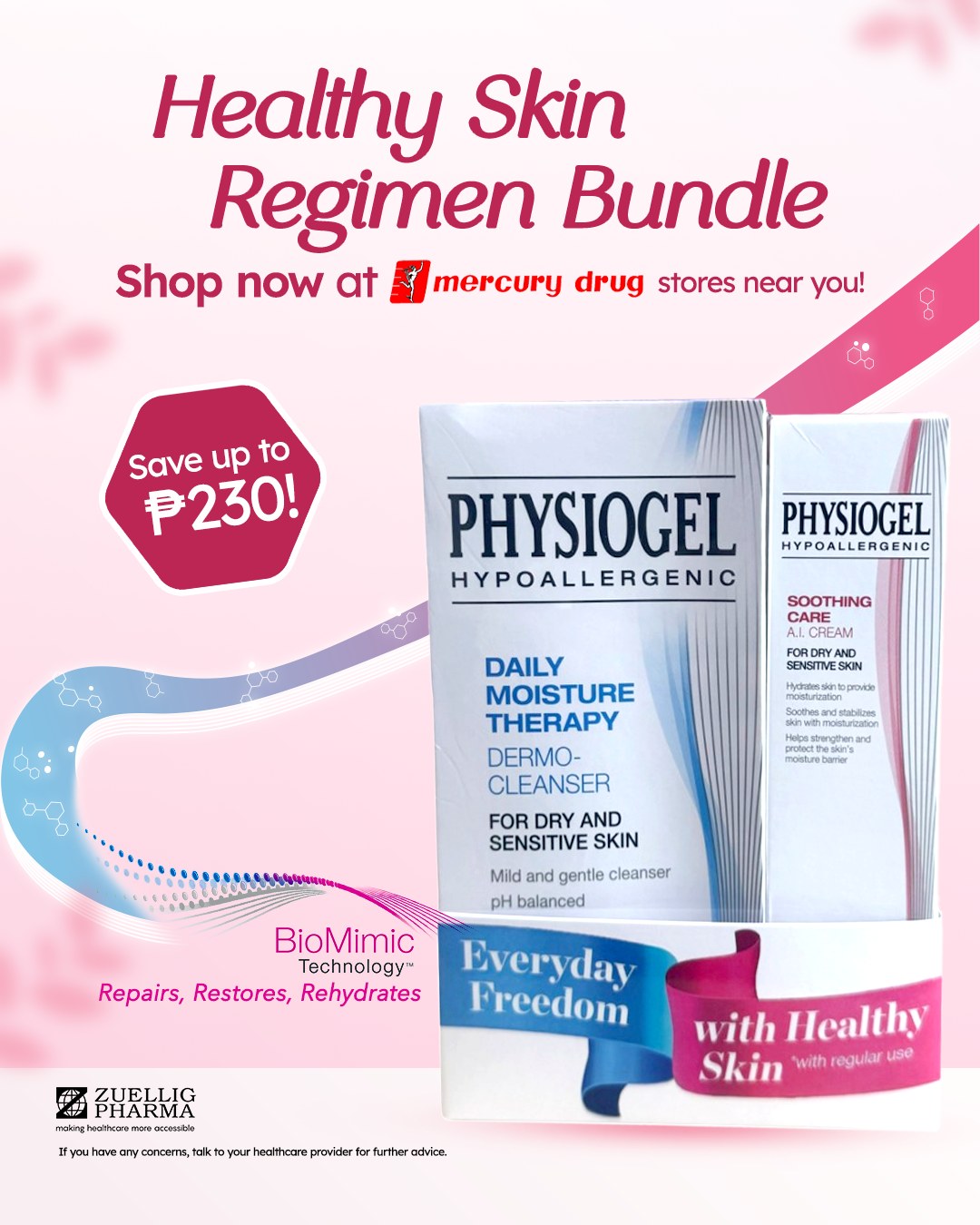 Your complete healthy skin essentials—now up to ₱230 off! Save more on the Healthy Skin Regimen Bundle, featuring the Daily Moisture Therapy Cleanser (150ml) and Soothing Care AI Cream (50ml). Don't miss