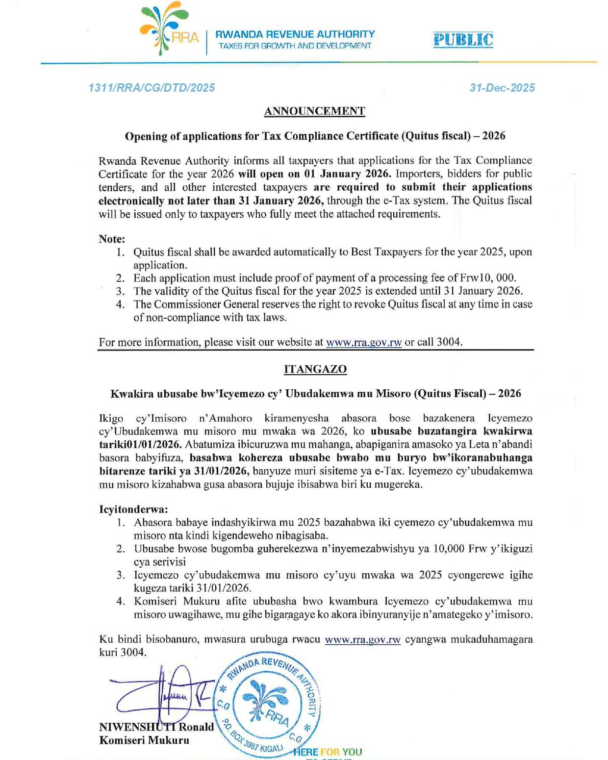 Rwanda - Announcement regarding the opening of applications for Quitus ...