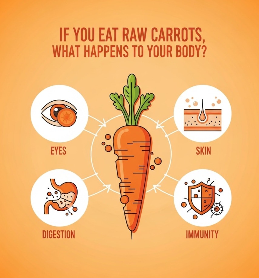 If you eat raw carrots, what happens to your body? Raw carrots are rich in beta-carotene, which converts into vitamin A in the body. Vitamin A supports eye health, night vision, and