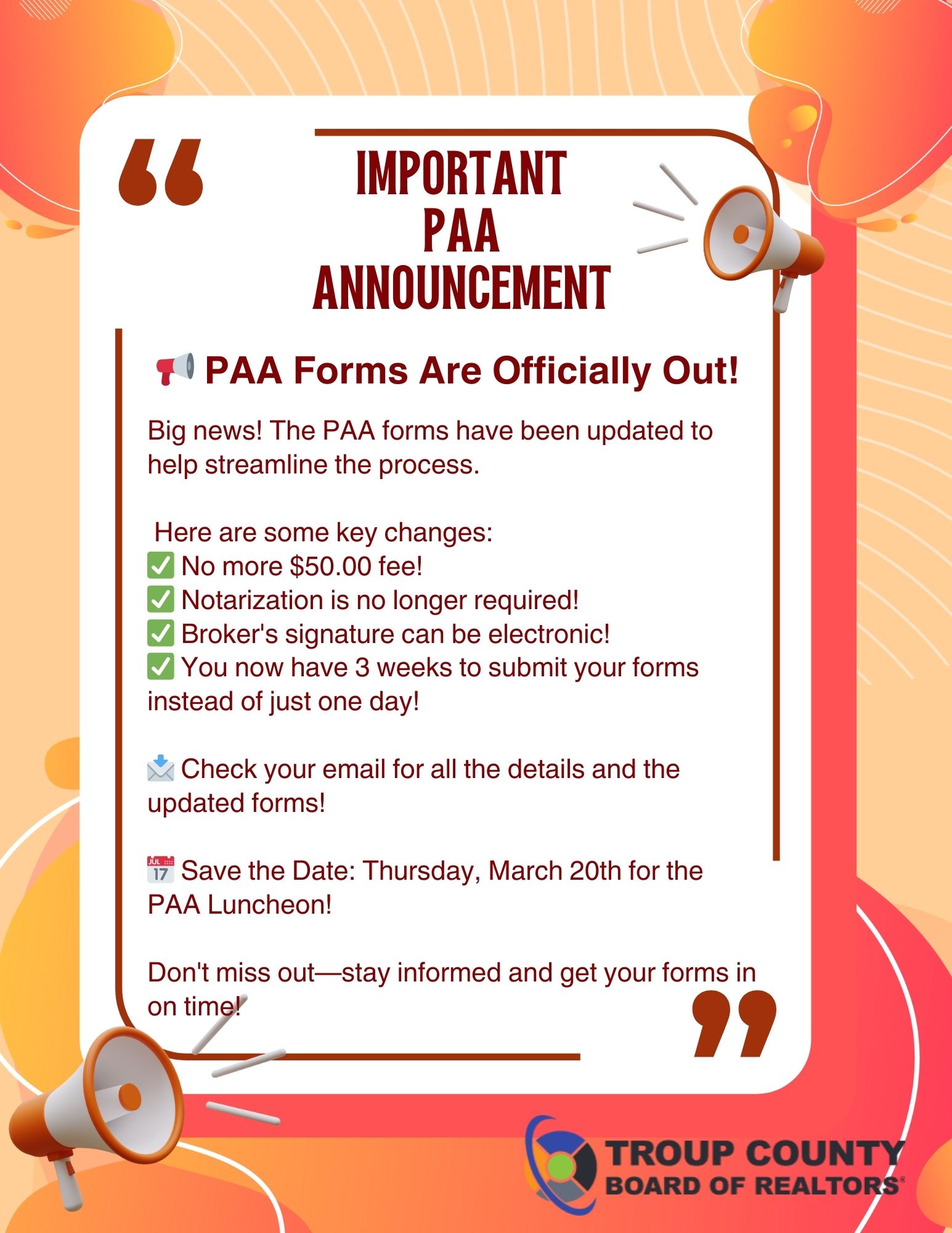 🚨 PAA Forms Are Here! 🚨... - Troup County Board of REALTORS | Facebook