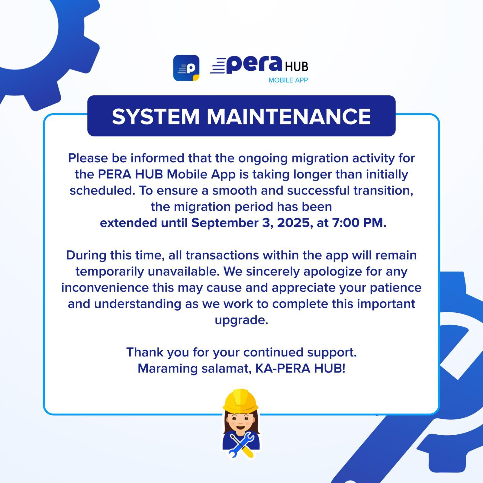 Pera - ⚙️ SYSTEM MAINTENANCE UPDATE ⚙️ The migration for the PERA Hub ...