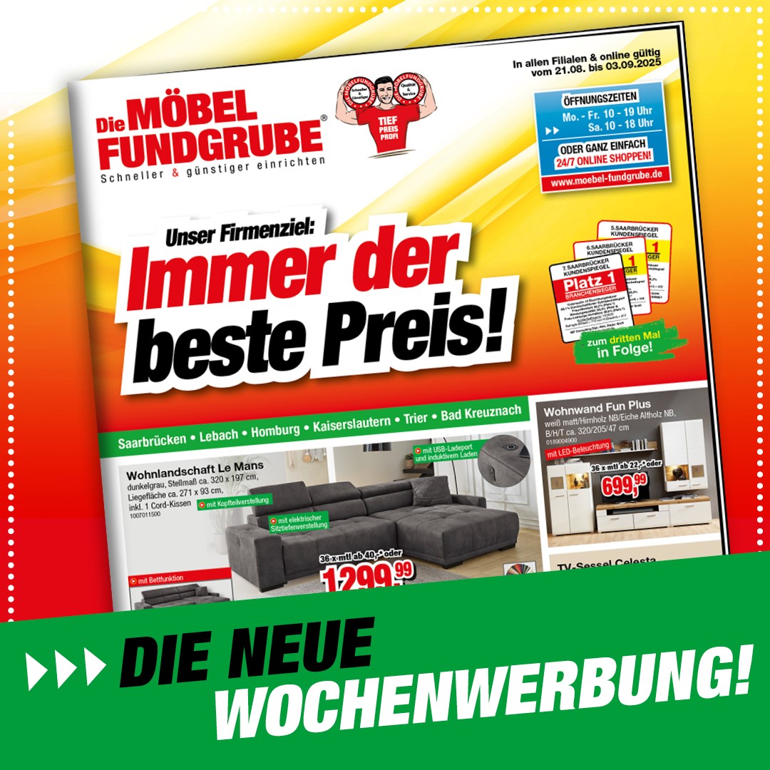 🎉 Donnerstag = neue Angebote! 🎉 Unsere aktuelle Wochenwerbung ist da – voll mit unschlagbaren Möbel-Deals und Einrichtungstrends für dein Zuhause. Von gemütlichen Sofas über praktische Essgruppen bis hin zu stylischen Wohn-Accessoires –
