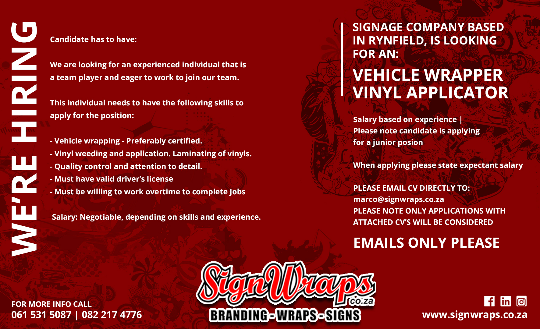 Sign Wraps Signs - We Are Hiring | Vehicle Wrapper/Vinyl Applicator ...