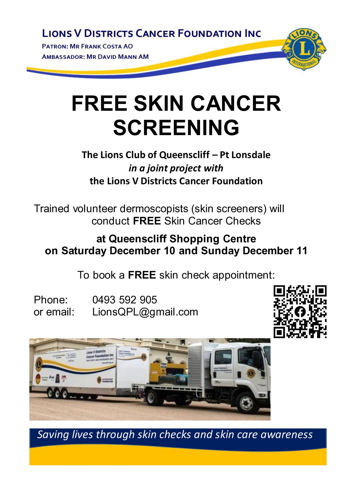 Lions - You can still book your FREE skin cancer test. The van is in ...