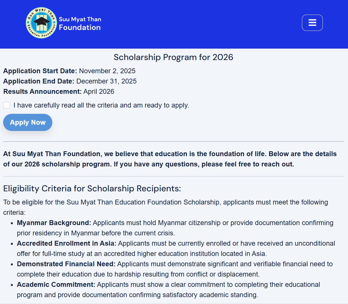 SEA Edu Zone - 🇲🇲Scholarship Opportunity for Myanmar... | Facebook