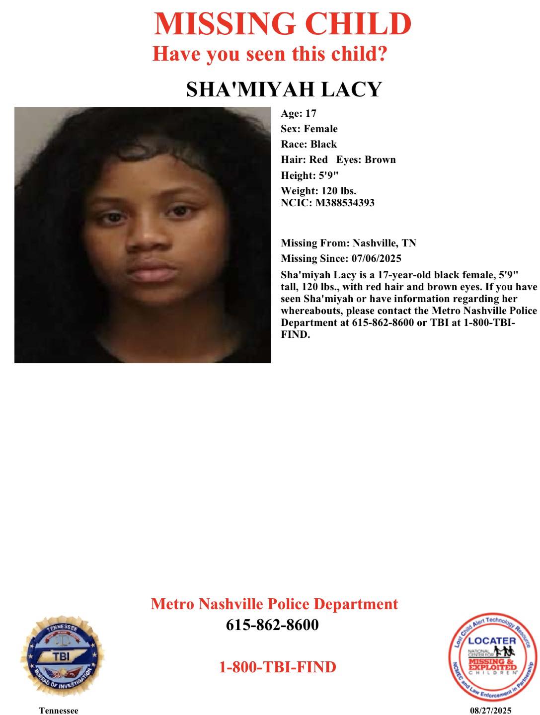 Shamis / 19 〜Last teen〜 Sha'miyah Lacy has been missing from Nashville, TN since July6th