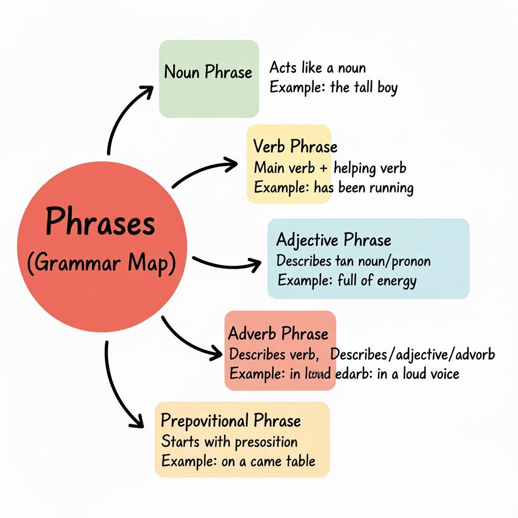 English - Types of Phrases Noun, verb, adjective, adverb, and ...