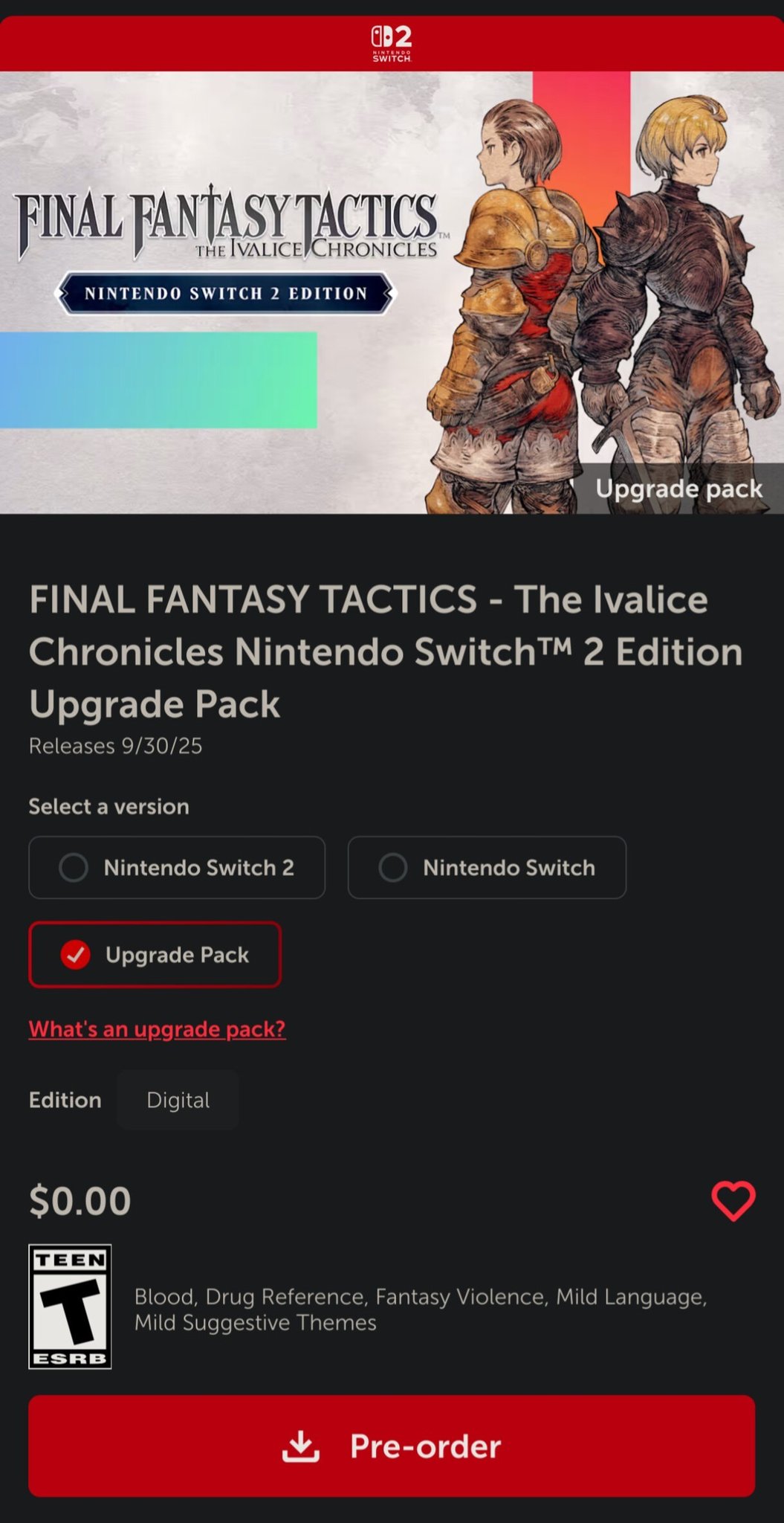The Nintendo Switch 2 upgrade pack for Final Fantasy Tactics: The