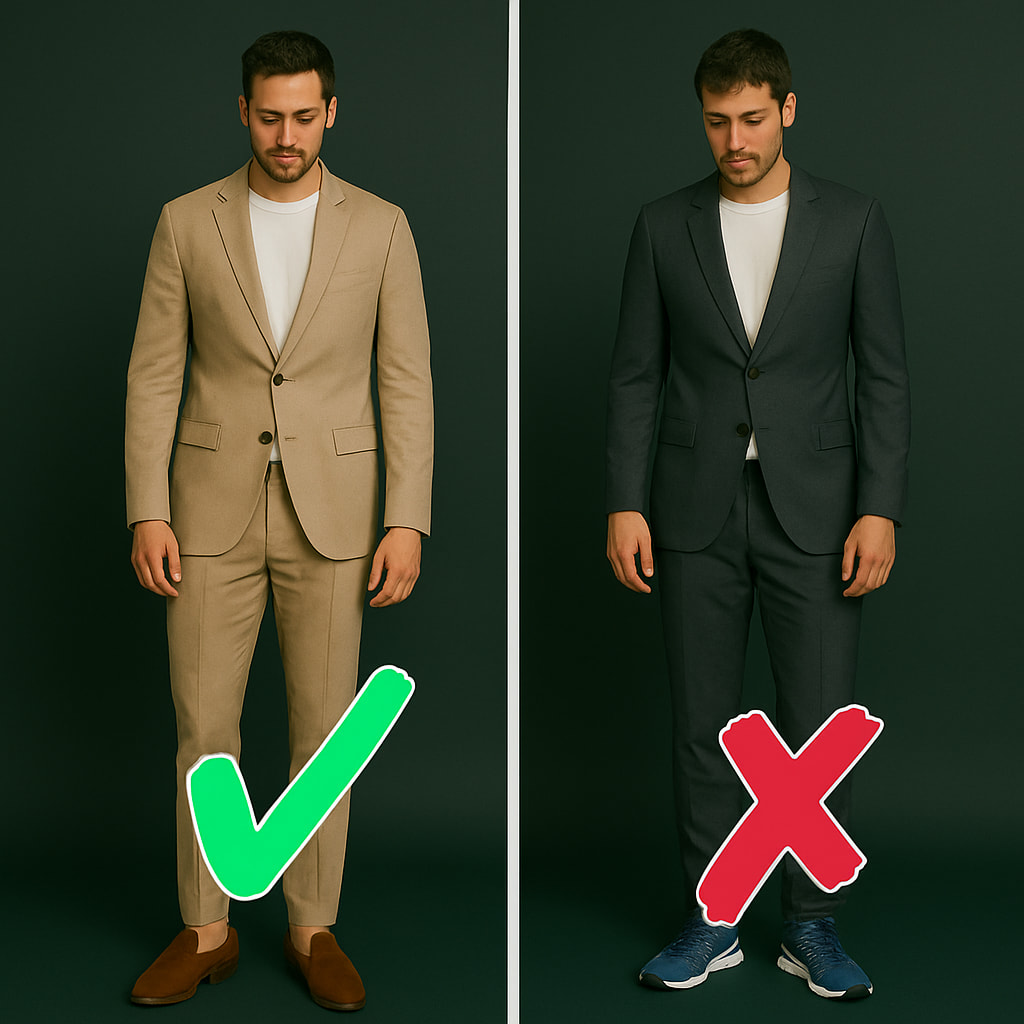formal dress for men with sports shoes Right Outfit vs. Mismatch ✨️ Save this Mantra 👇🏻 Left (✓): Loafers formal, sneakers with casual. Right (✘): shoes with blazer, sandals with suits. #menstyle #mensgrooming #tipsandtricks #RightVsWrong # LowStock:43440235708467