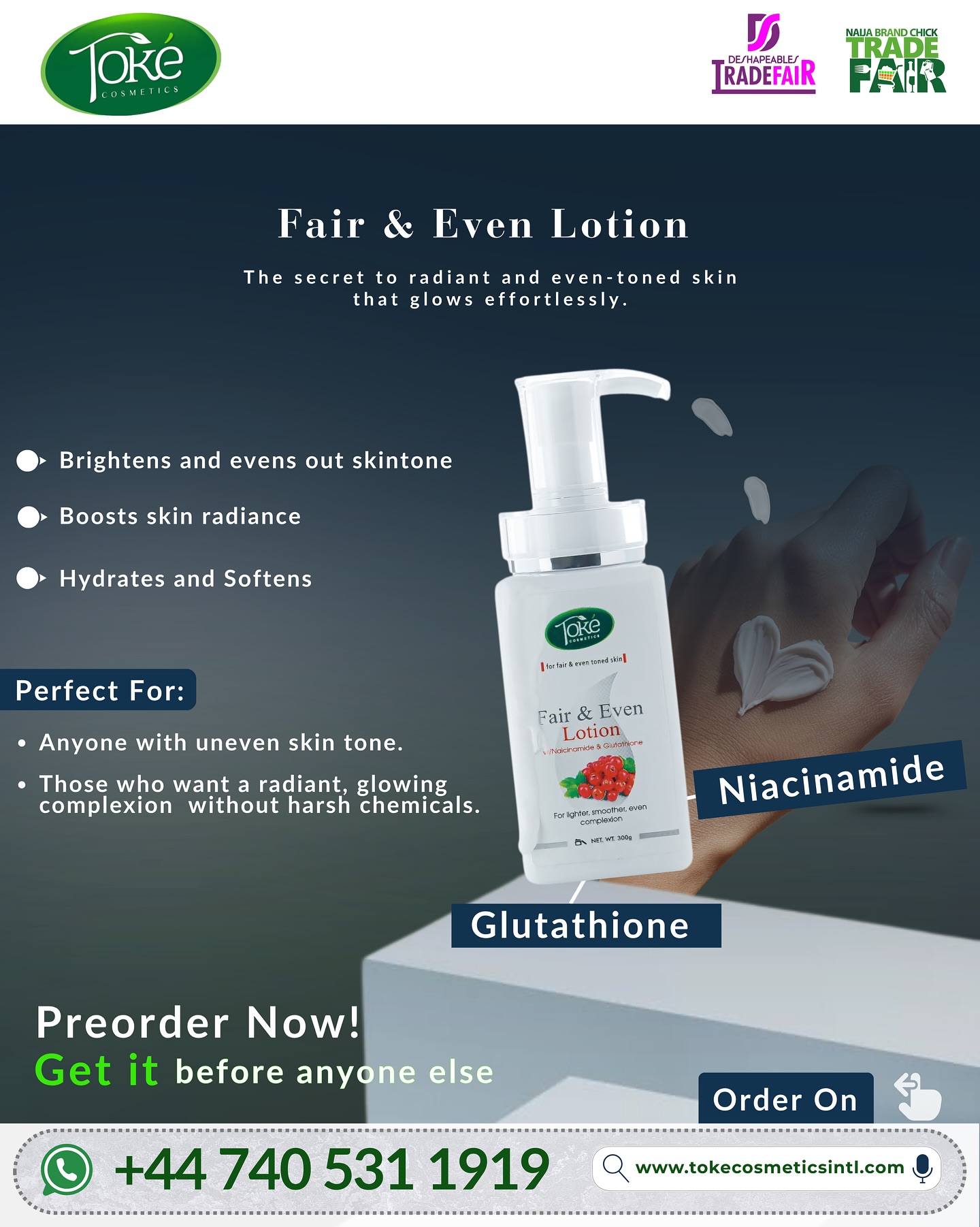 INGREDIENT SPOTLIGHT: Niacinamide + Glutathione 🔬✨ Let's talk about the glow-makers inside your Toke Fair & Even Lotion. 🌿 Niacinamide (Vitamin B3) • Fades dark spots • Refines skin texture • Strengthens