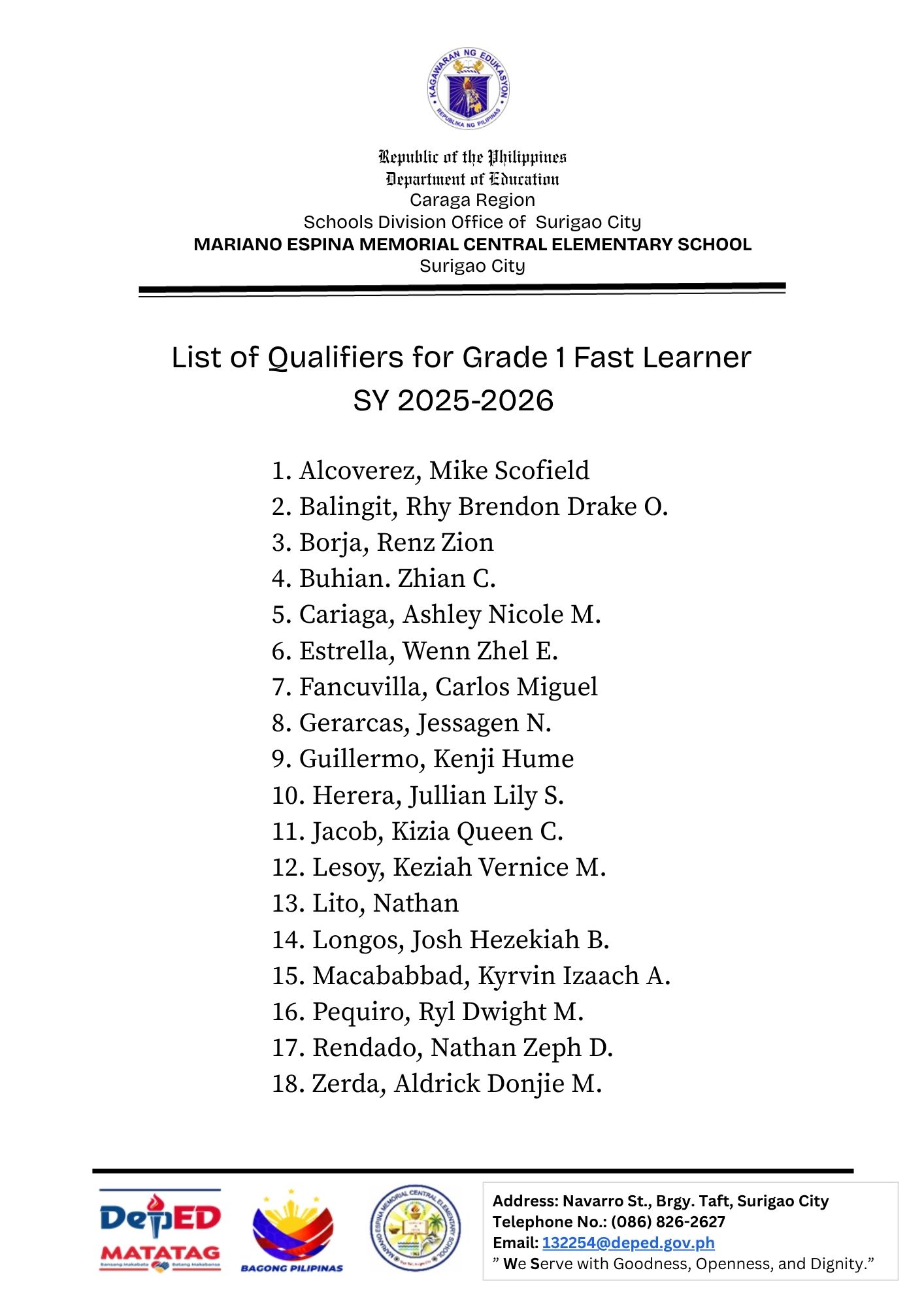 📢 LIST OF QUALIFIED LEARNERS FOR SY 2025–2026 📢 We are pleased to ...