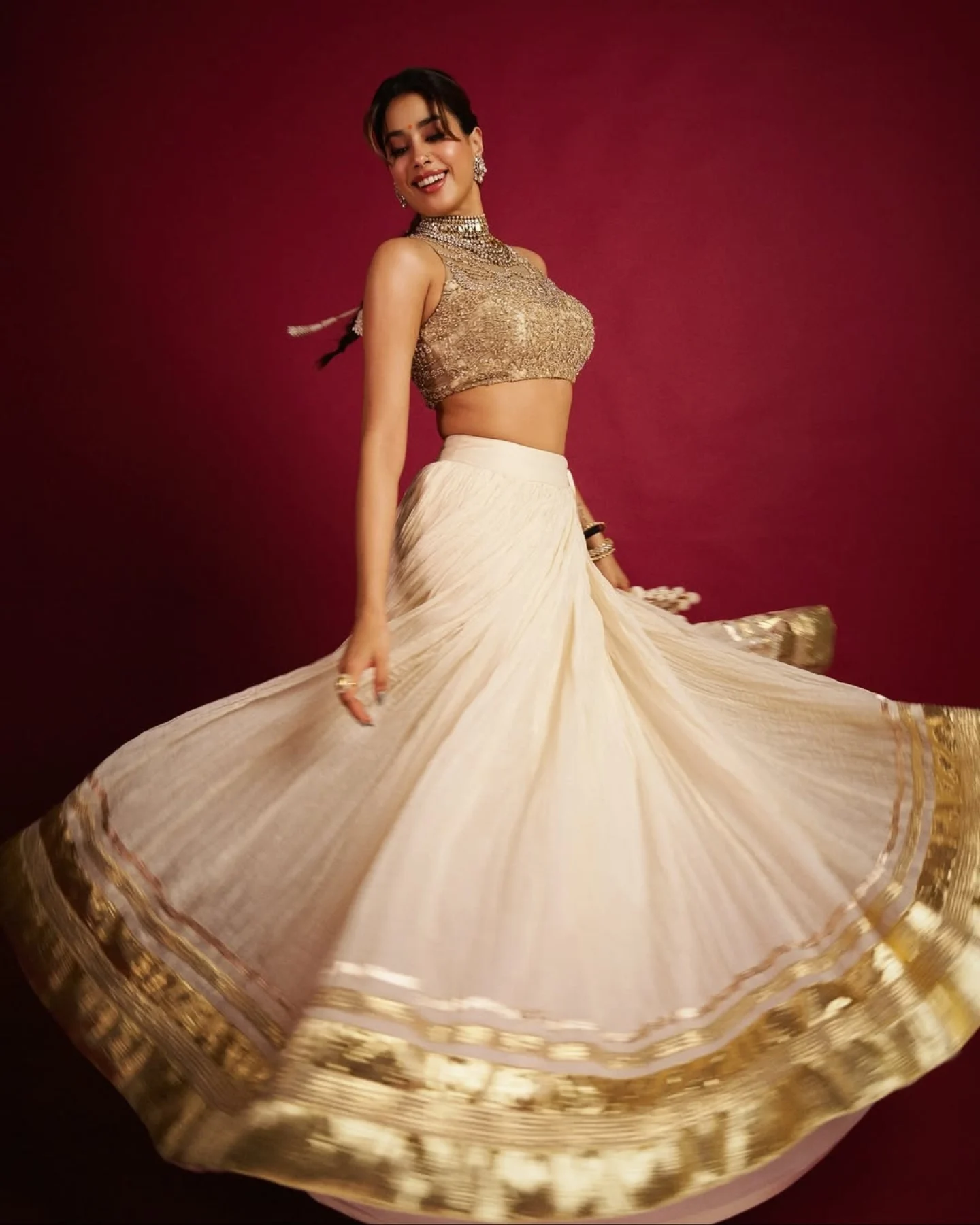 janhvi kapoor golden dress is a vision in gold ✨ For the Param Sundari promotions, she twirled into our hearts wearing a stunning embellished lehenga that screams timeless elegance. The intricately embroidered blouse Fall/Holiday