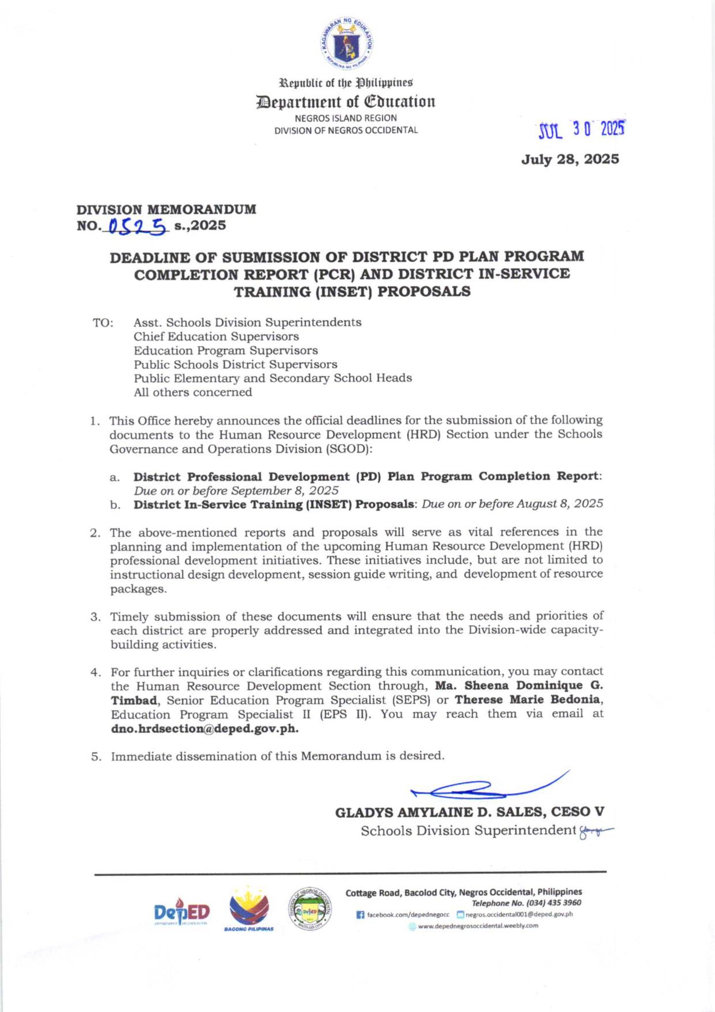 DEPED - DIVISION MEMORANDUM NO. 525 S. 2025 DEADLINE OF SUBMISSION OF ...