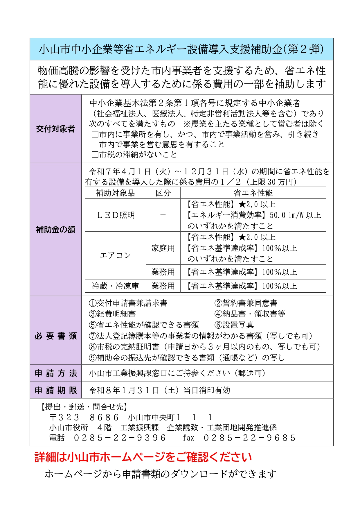 しつこいようですが 小山市中小企業等省エネルギー 設備導入支援補助金 