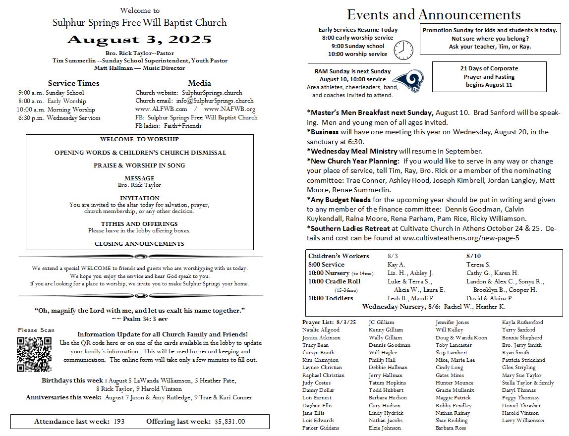 Bulletin for Aug 3 - Sulphur Springs Free Will Baptist Church | Facebook