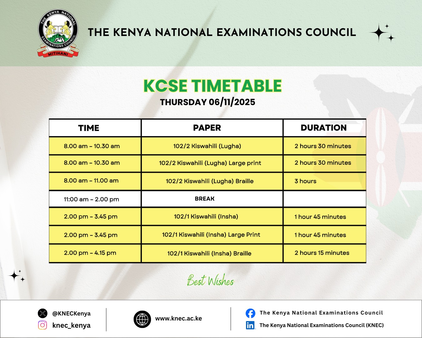 The Kenya - KCSE timetable for Thursday 6th November 2025 Best wishes ...