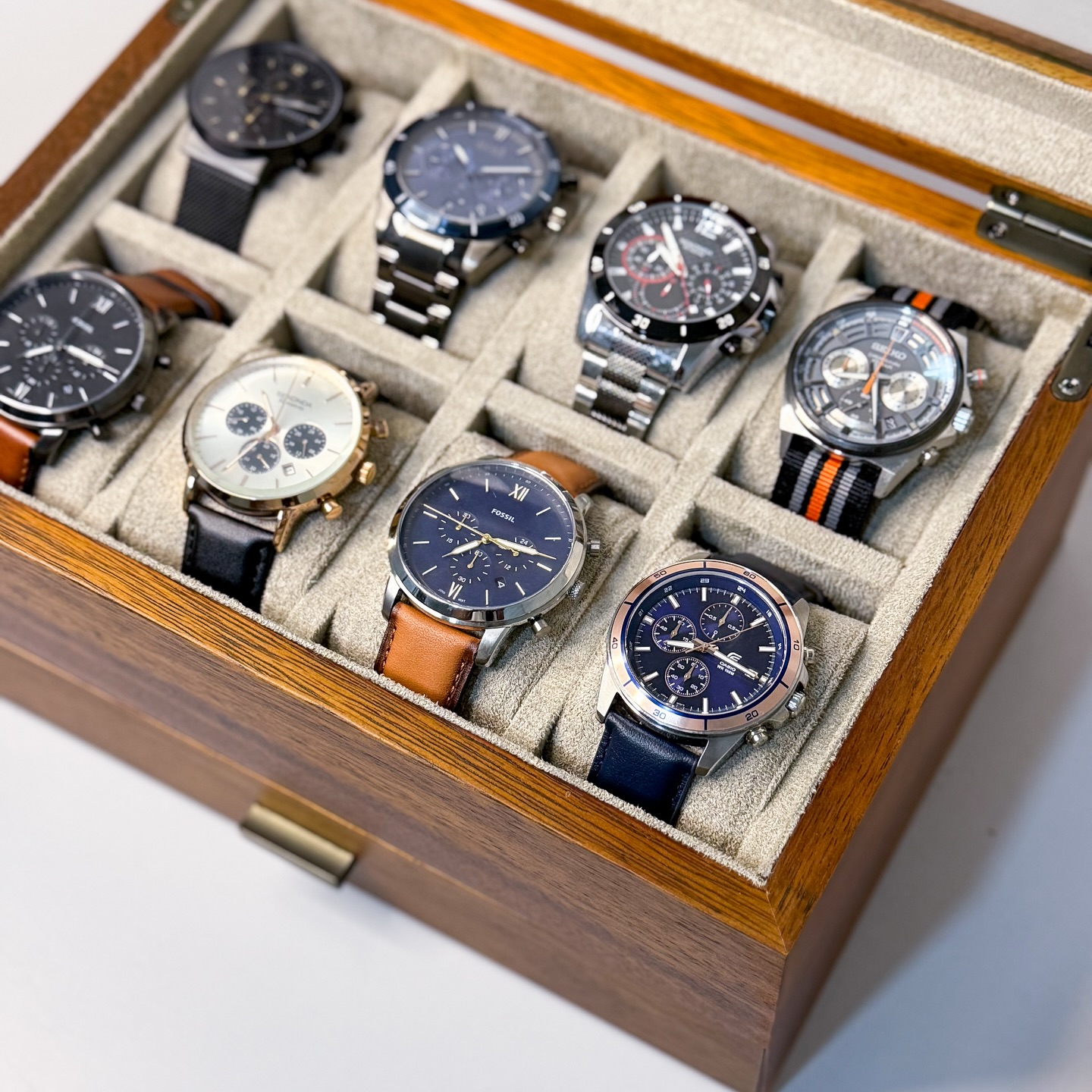 ADERTOS Boîte De Rangement Montres Et Lunettes En Bois - Coffret 6 Compartiments Avec Vitrine Verre Marron