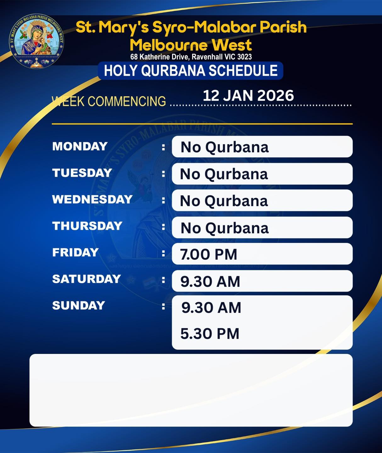 St - Holy Qurbana schedule for the week commencing 12-JAN-2026 # ...
