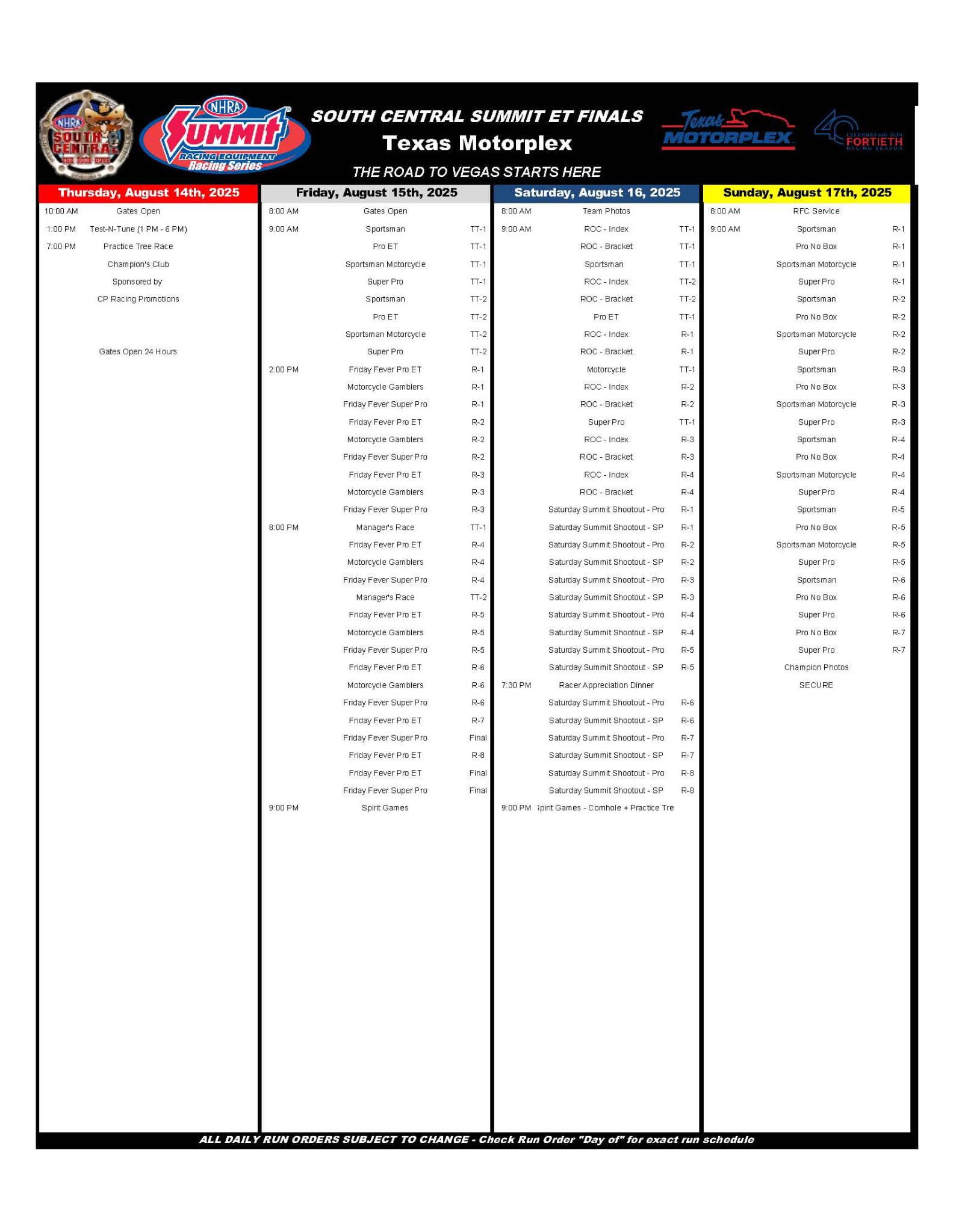 NHRA - 📣 Friday Run Order & Warm-Up Race Info 📣 🏁 Run Order for Friday ...