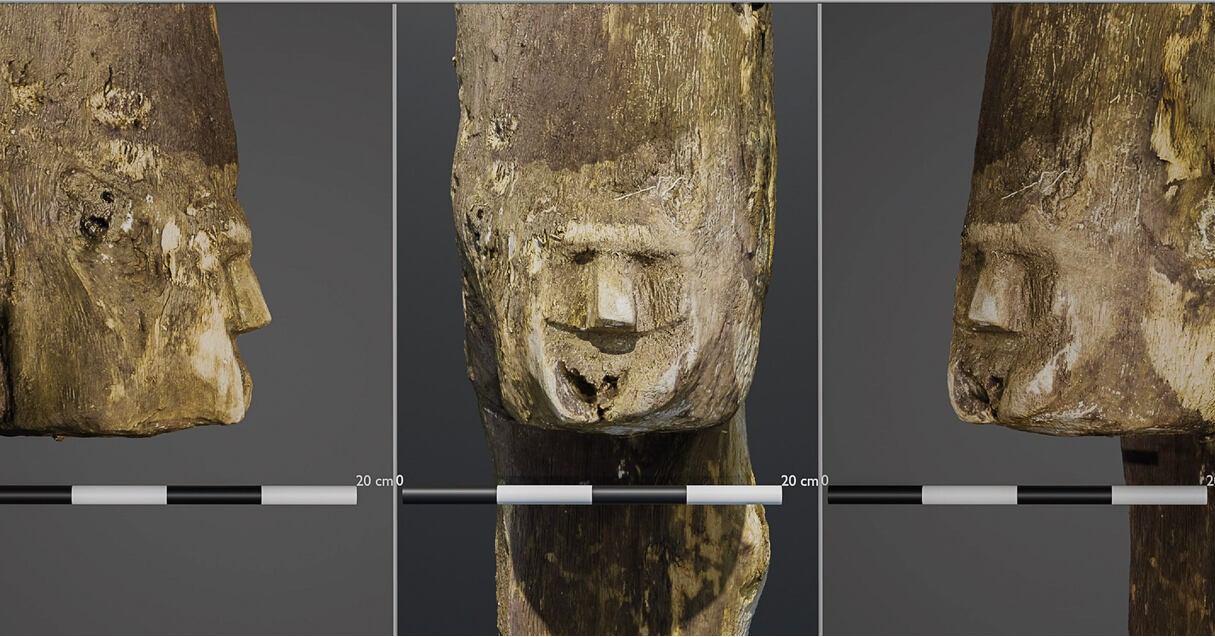 あう Ancient wooden face carving found in Lake Lednica, Poland