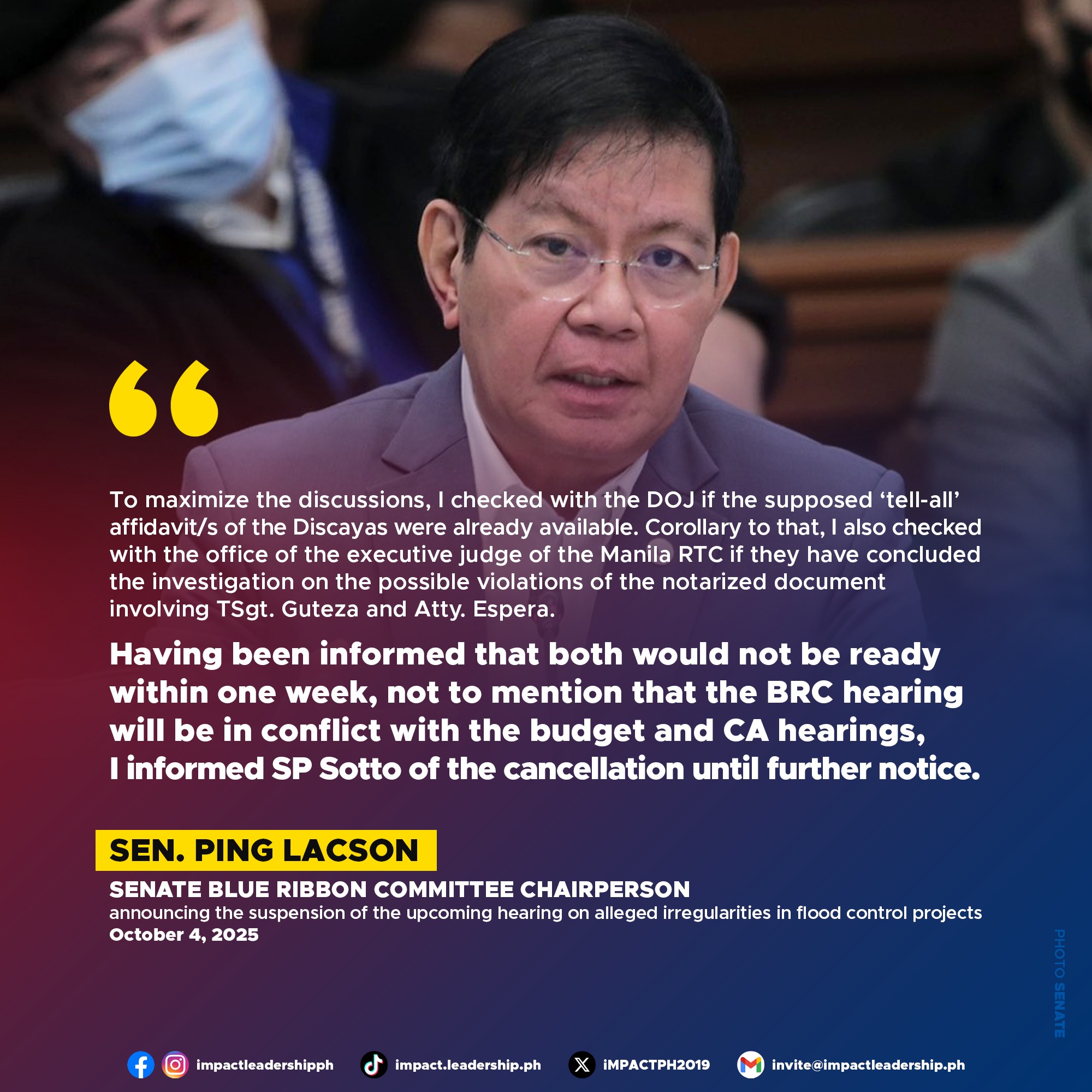iMPACT - SENATE SUSPENDS BLUE RIBBON HEARING ON FLOOD CONTROL ANOMALIES ...