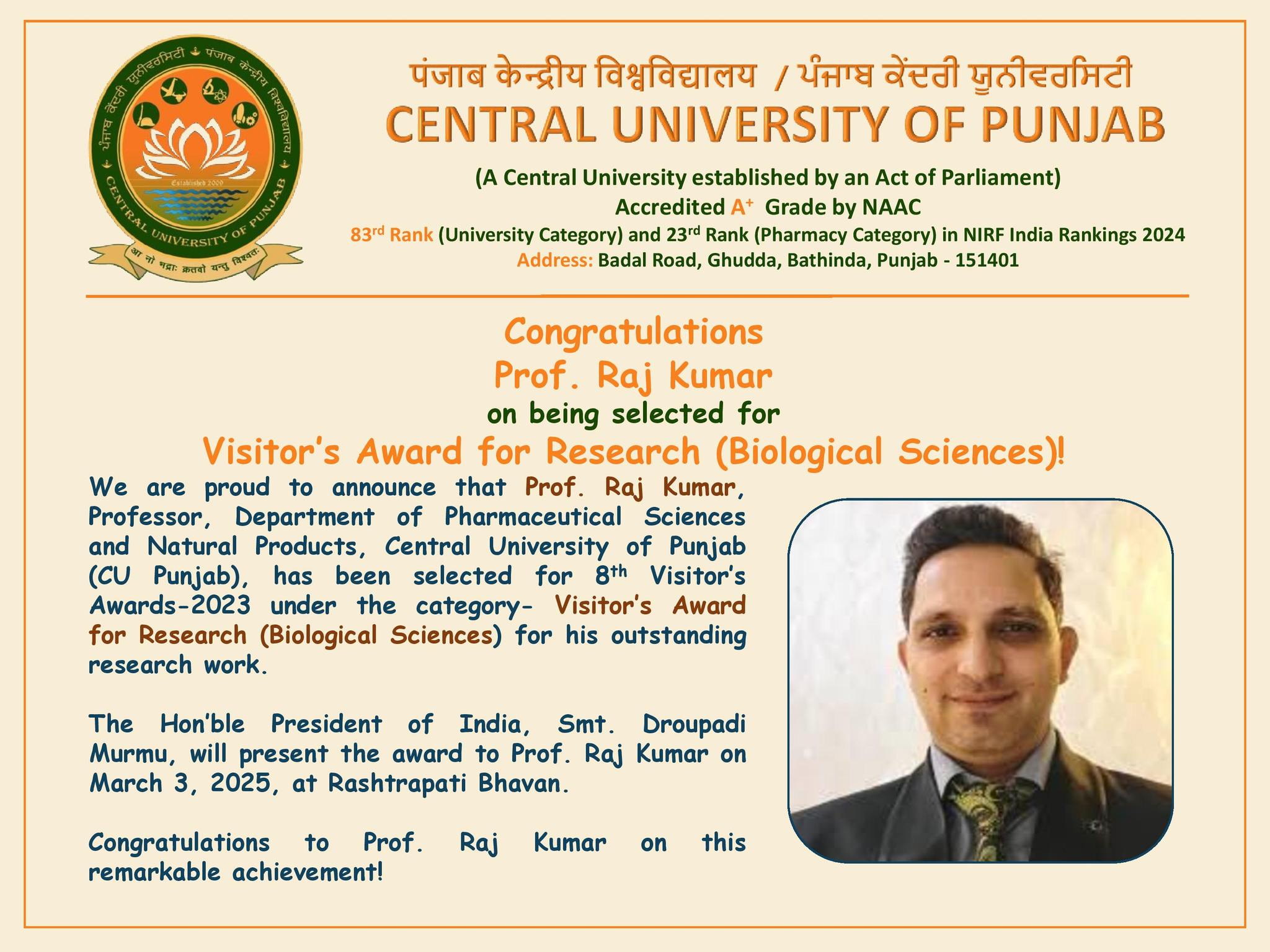 Central - #MomentOfPride We are proud to announce that Prof. Raj Kumar ...
