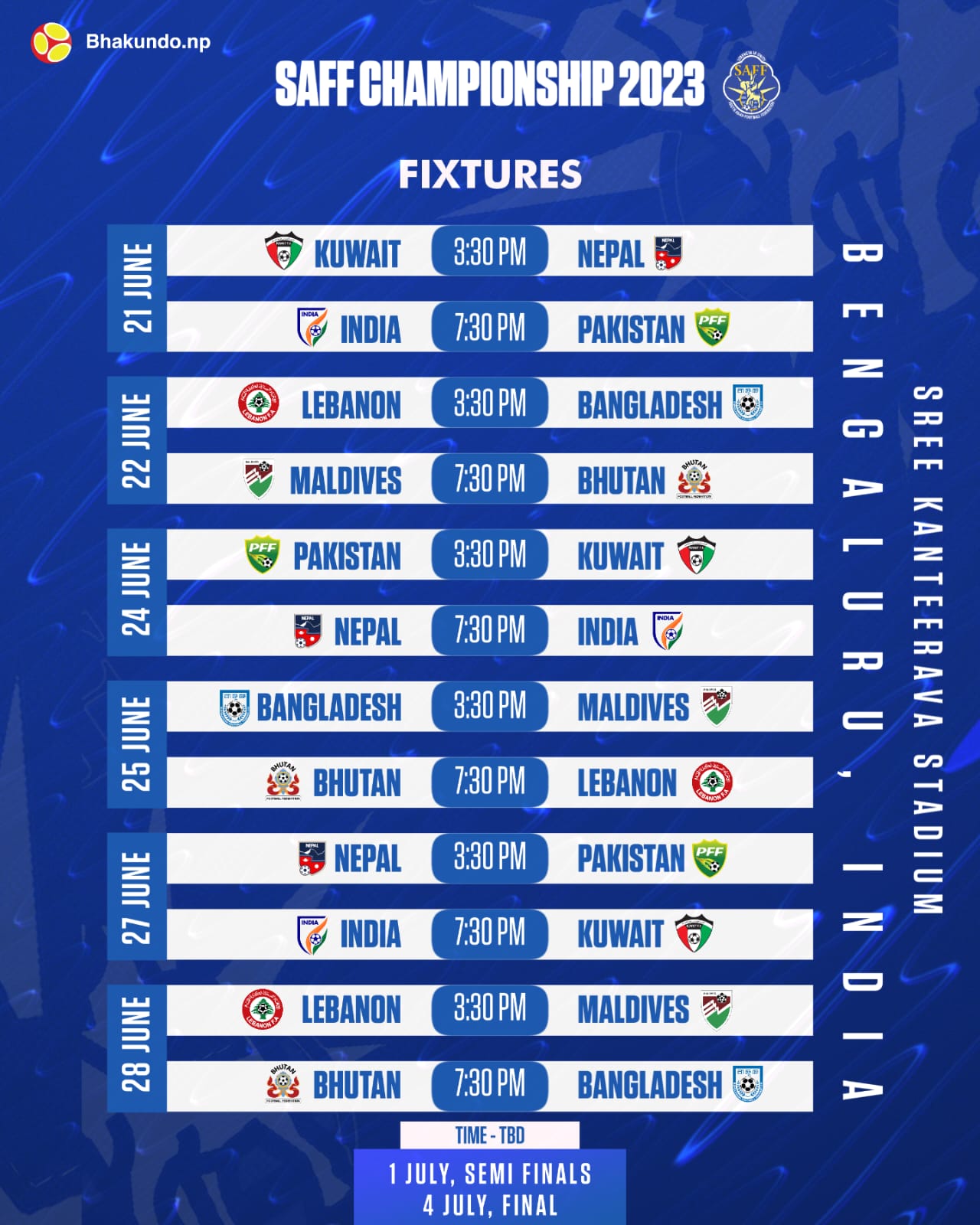 Bhakundo.np - SAFF Championship 2023 FIXTURES: Time of... | Facebook