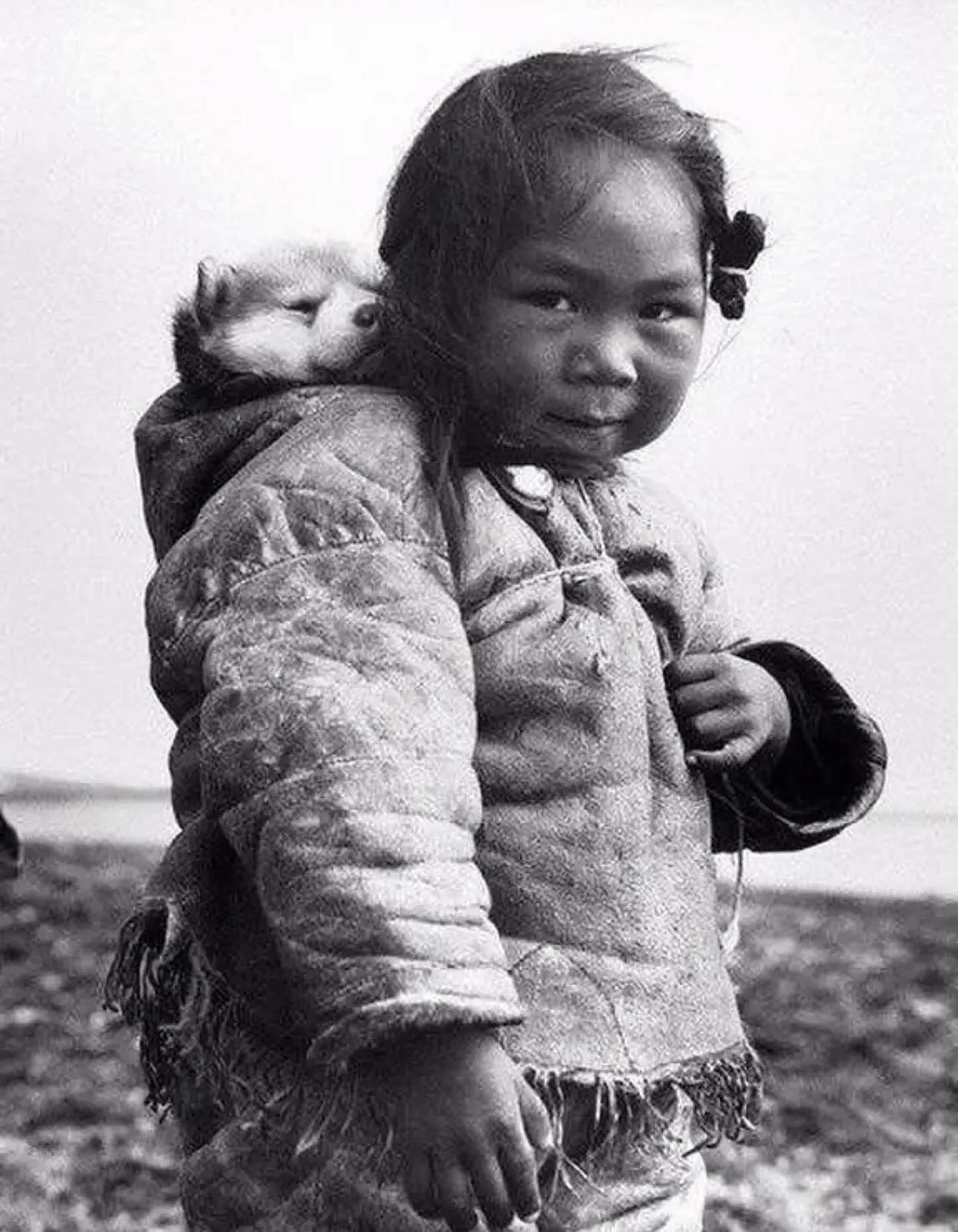 An Inuk toddler in full furs holding onto a sled, taken likely in
