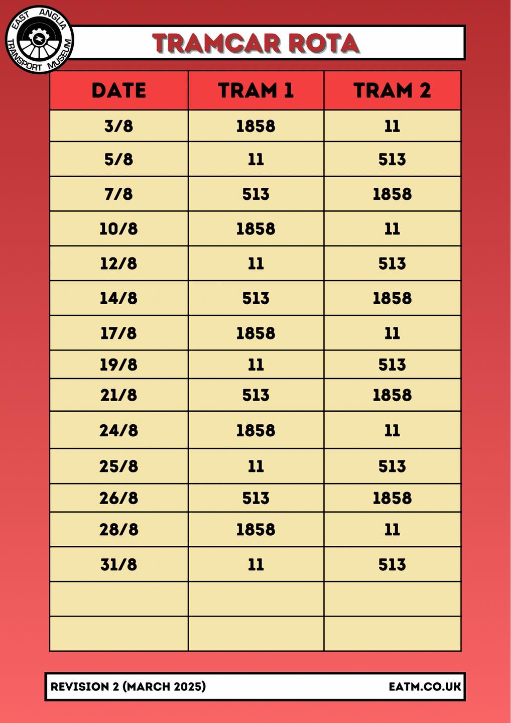 🚃 August Vehicle Rotas 🚎... - East Anglia Transport Museum | Facebook