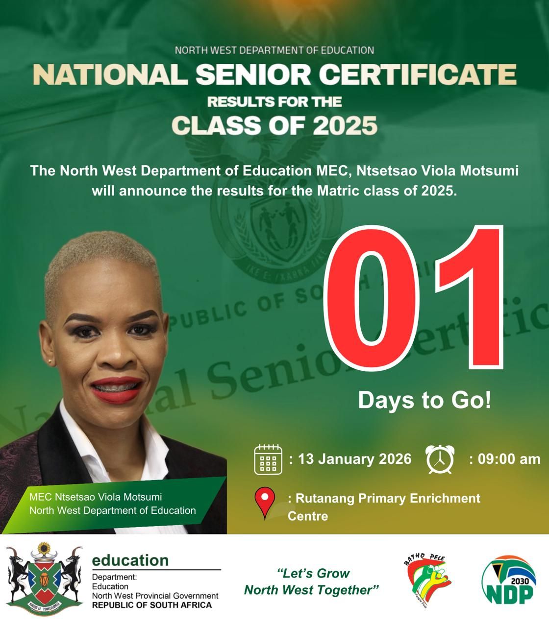 North - The North West Department of Education MEC, Ntsetsao Viola ...