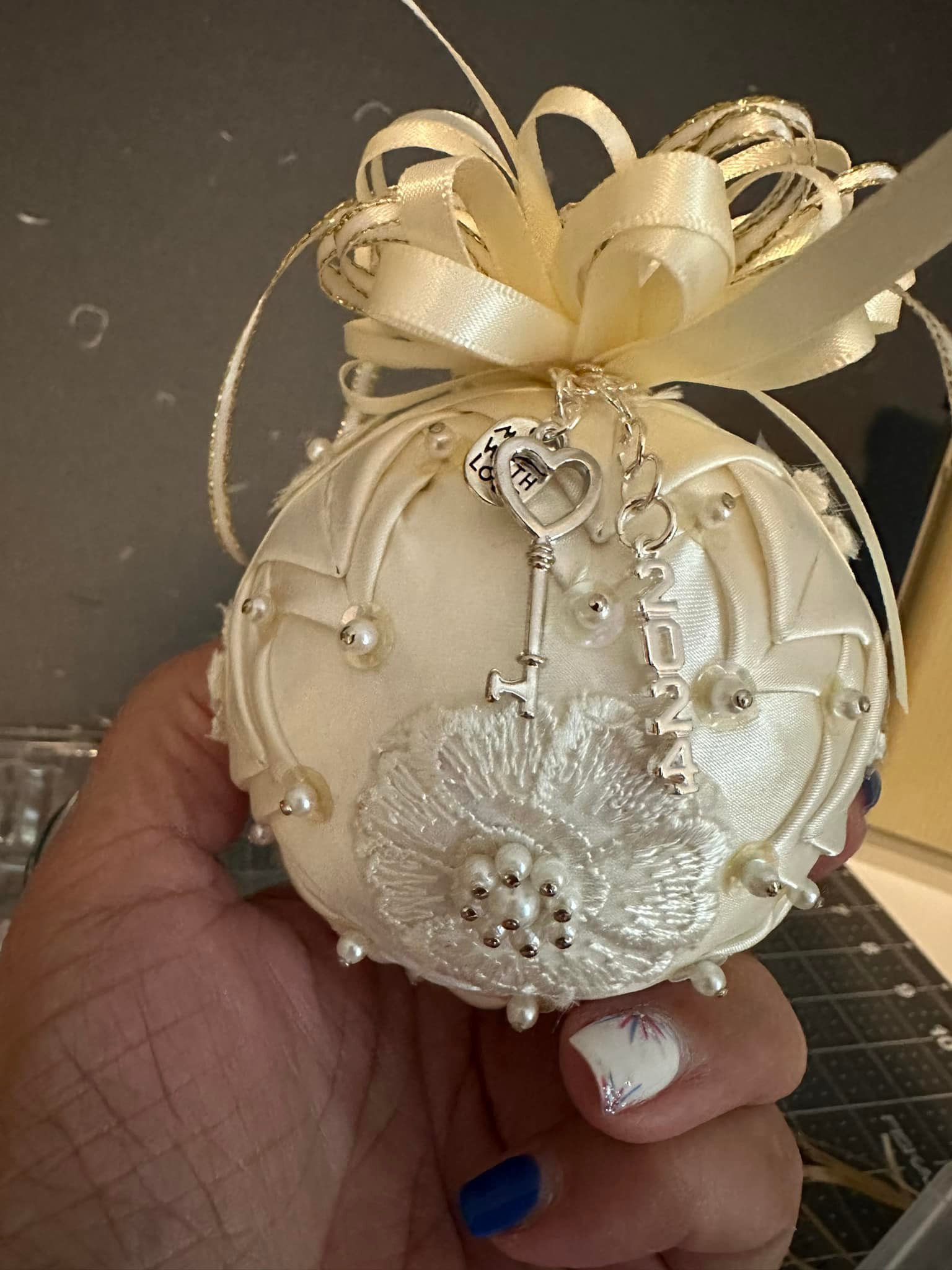 how to make christmas ornaments from wedding dress ornament made my lace. Just celebrated 40yrs of marriage Felt