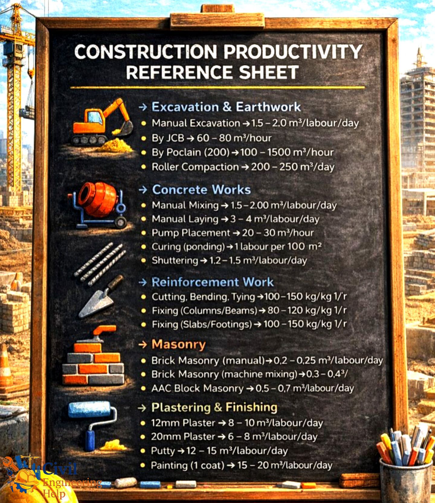 Civil - Construction Productivity Reference Sheet #productivitysheet # ...