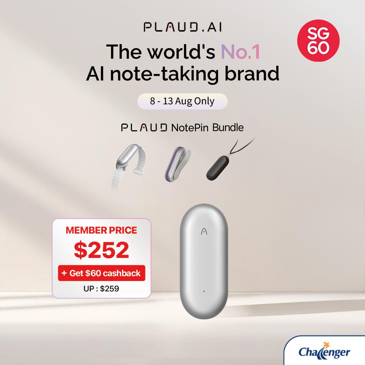 For a limited time only enjoy $60 Cashback on the PLAUD NotePin 