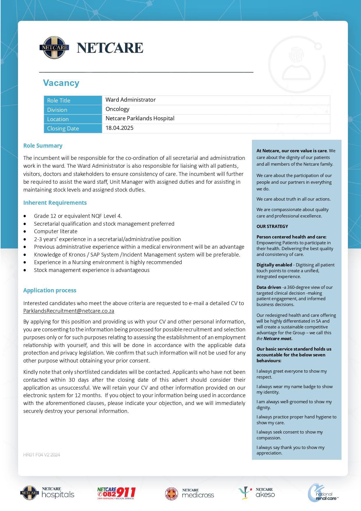 Vacancies - Role Title: Ward Administrator Location: Netcare Parklands ...