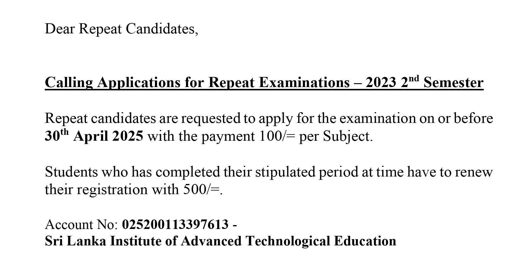 Advanced - Calling Applications for the Second Semester Examination ...