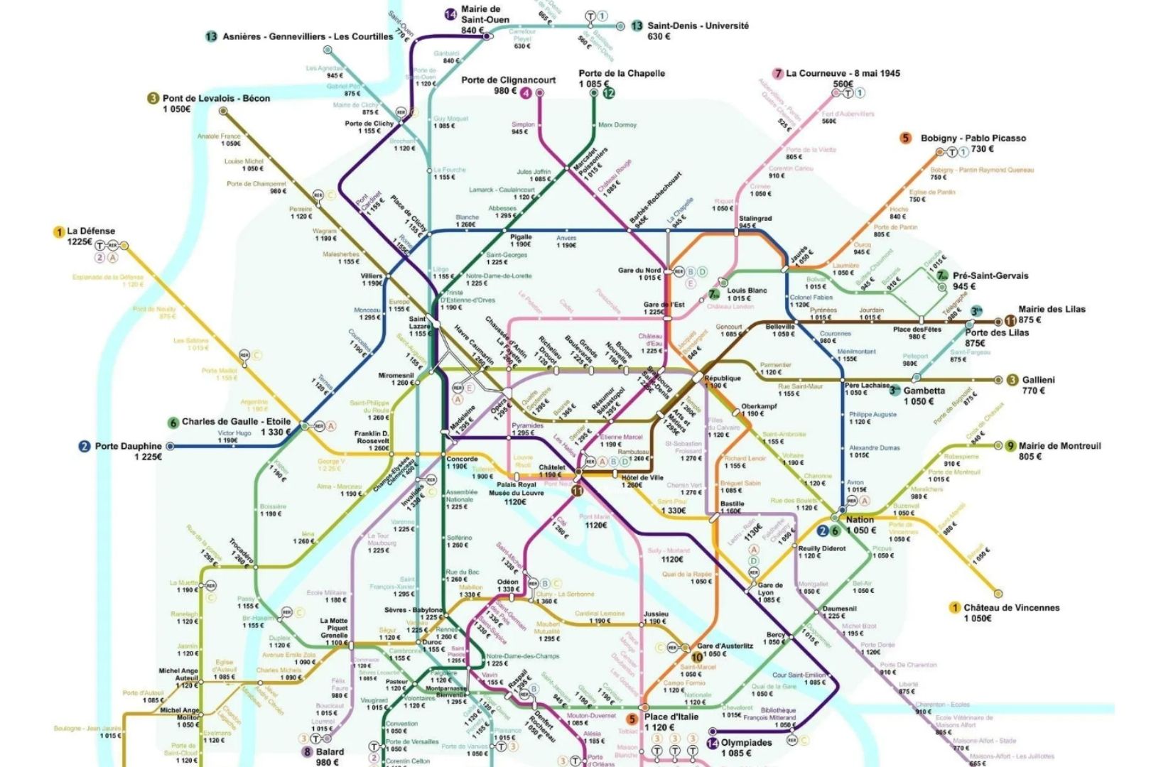 Paris - Cette carte du métro de Paris indique les prix des loyers en ...