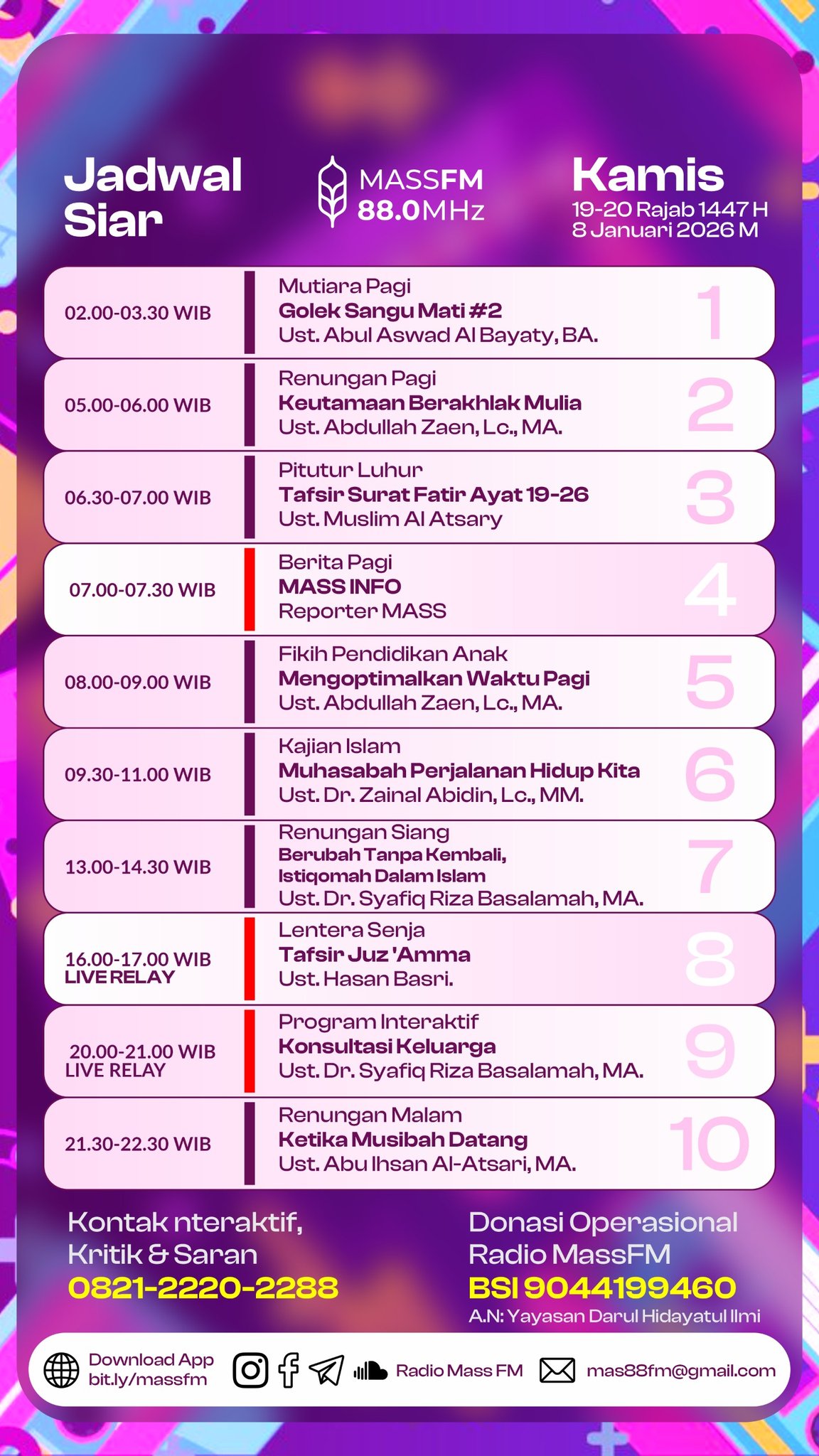 Radio - 📡 JADWAL SIAR 📻 RADIO MASS FM 88.0 MHz 🗓 Selasa, 3-4 Rajab ...