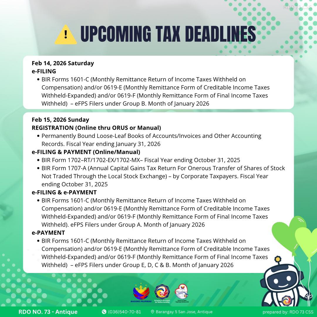 BIR - ⚠️Upcoming Tax Deadlines Feb 14, 2026 Saturday e-FILING BIR Forms ...