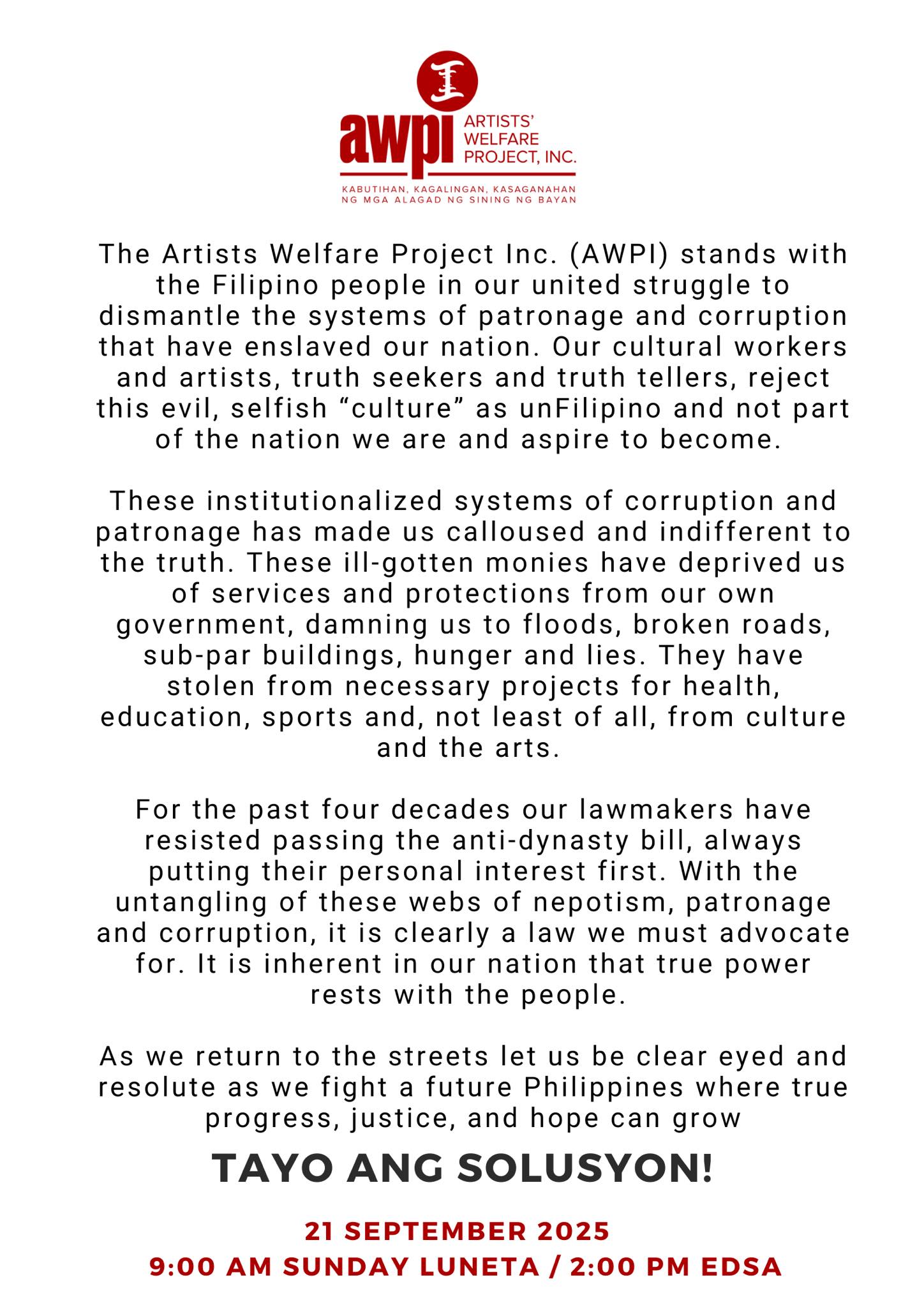Artists' Welfare Project, Inc. | Pasay City