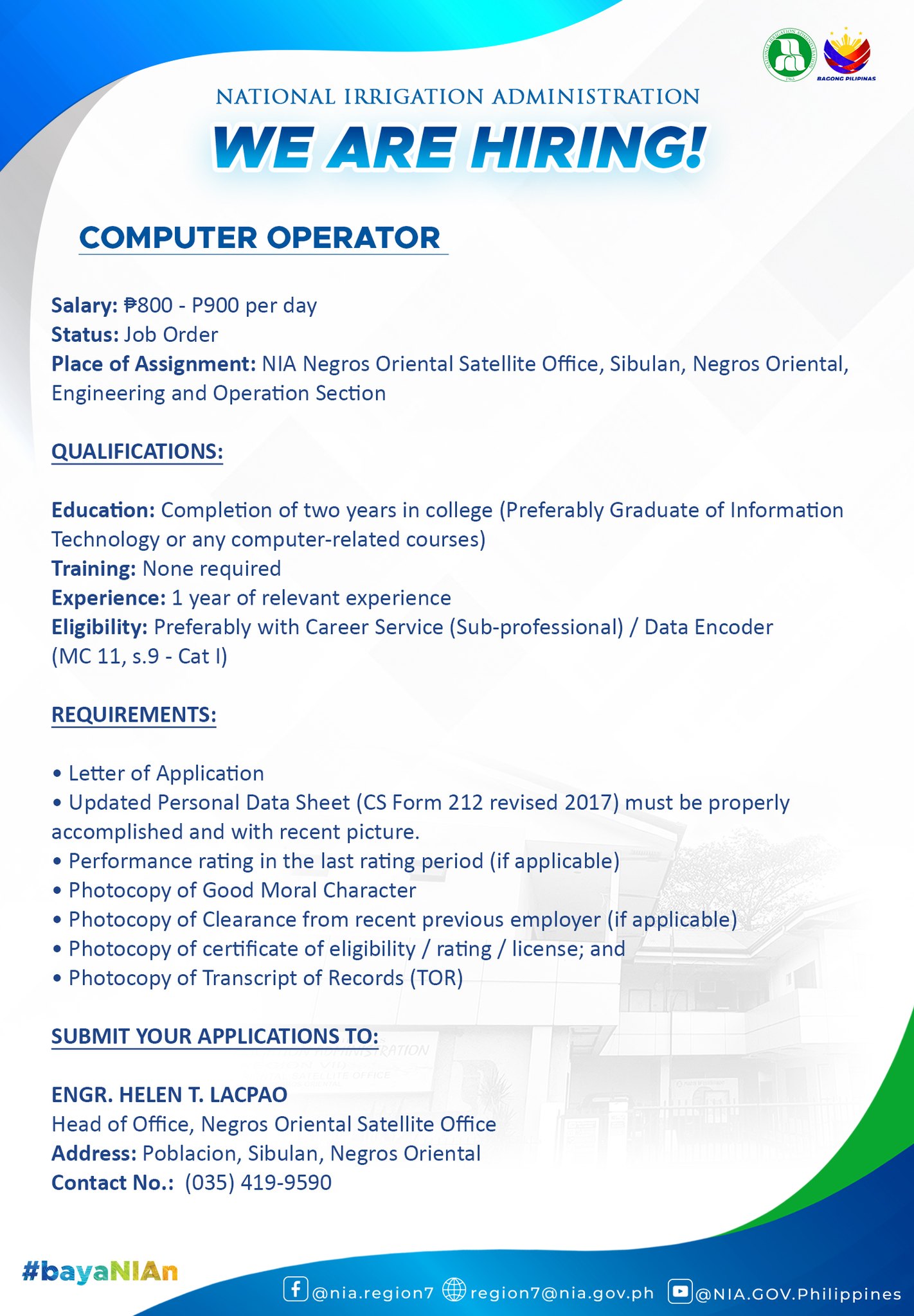 NIA - WE ARE HIRING One (1) Computer Operator Salary: ₱800 - P900 per ...