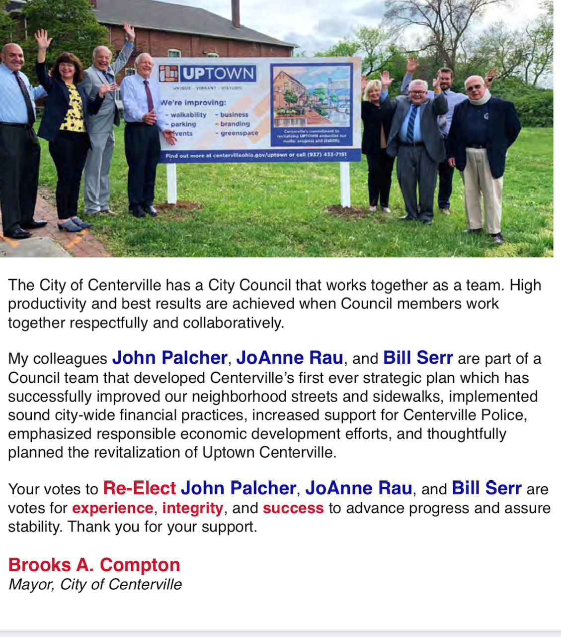 Thank you, Mayor Compton, for your... - Re-elect Palcher, Rau, and Serr ...