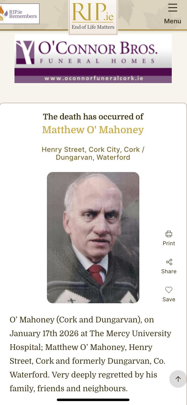 Cork - We are very saddened by the loss of our friend nd neighbour ...