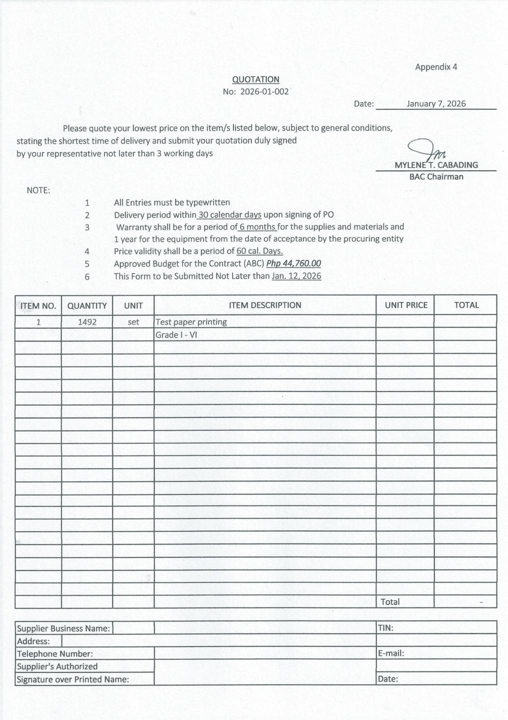 DepEd - REQUEST FOR QUOTATION RFQ 2026-01-002 Good day! *Bidders must ...