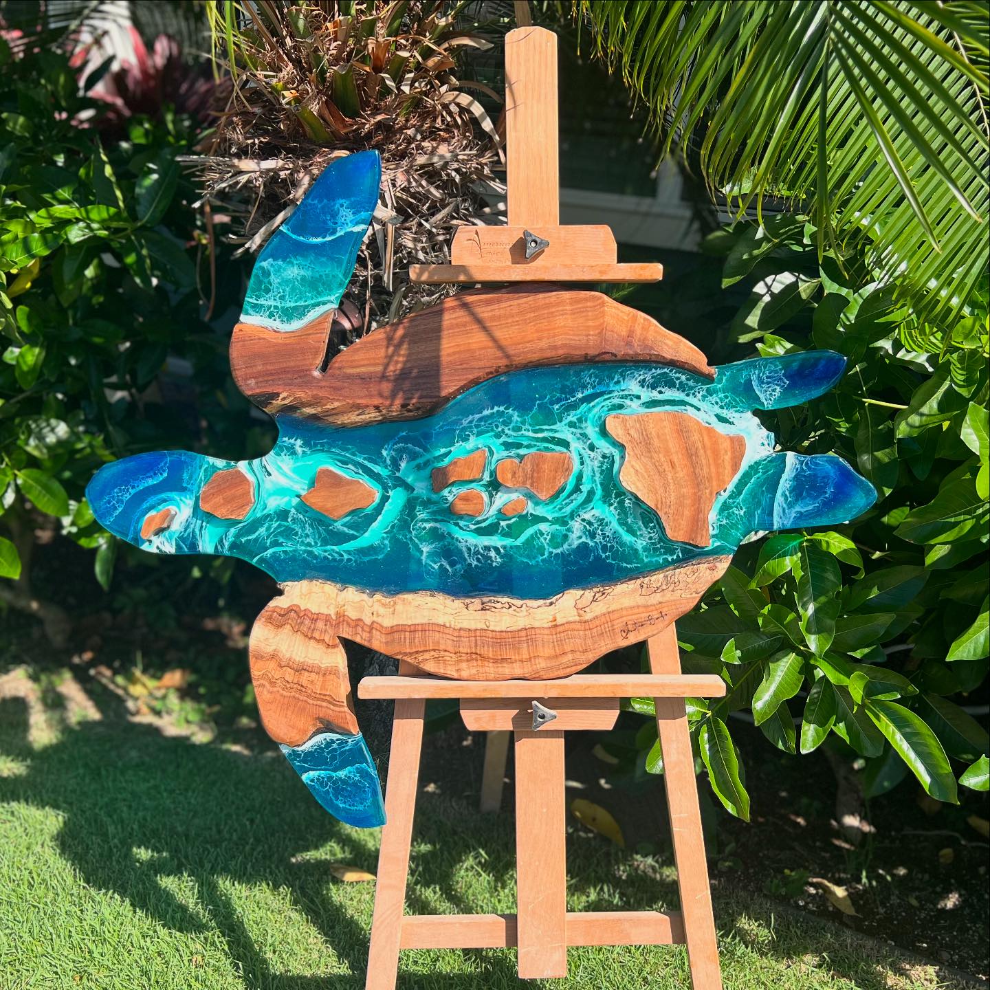 New honu koa resin art piece with hand carved Hawaiian islands