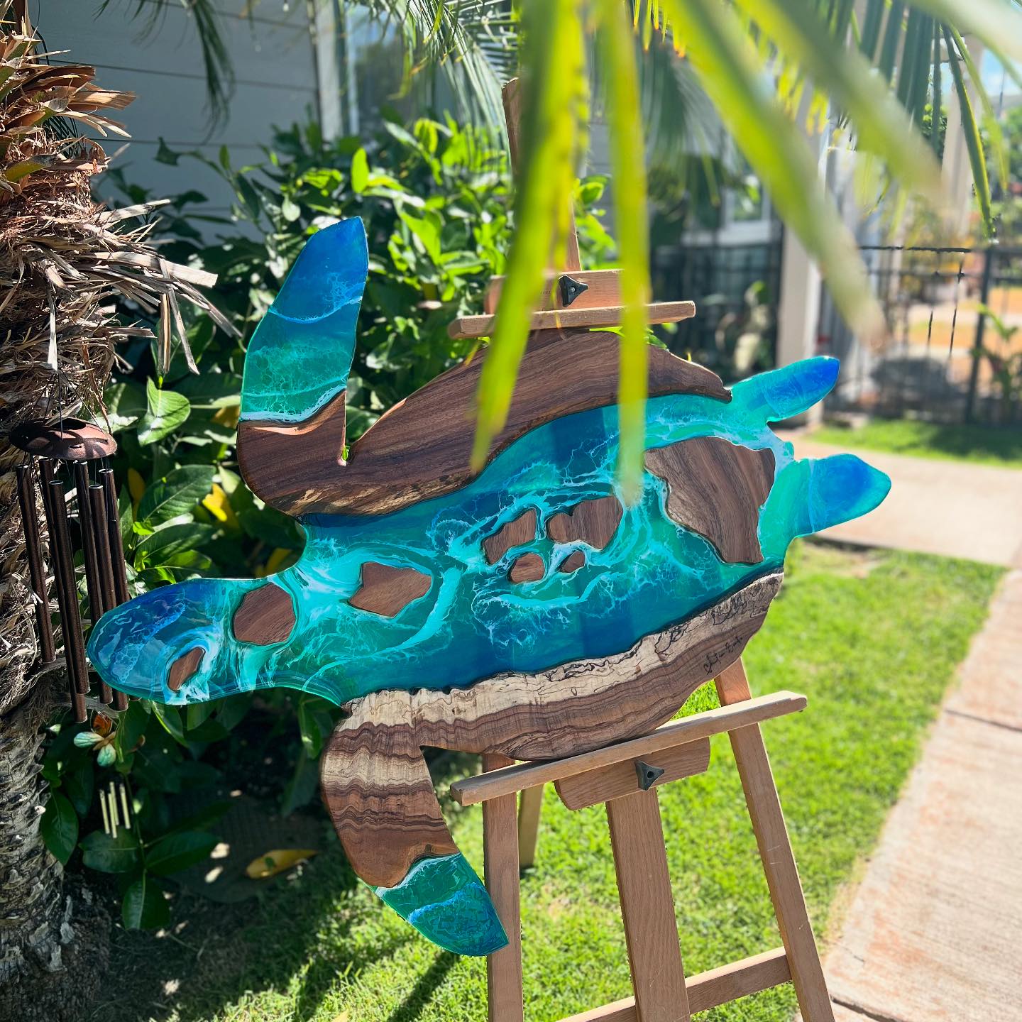 New honu koa resin art piece with hand carved Hawaiian islands