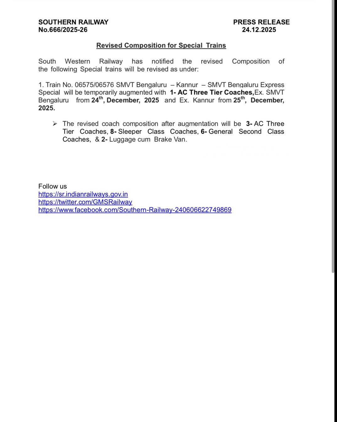 🚆 Passenger Advisory! Revised coach... - Southern Railway | Facebook