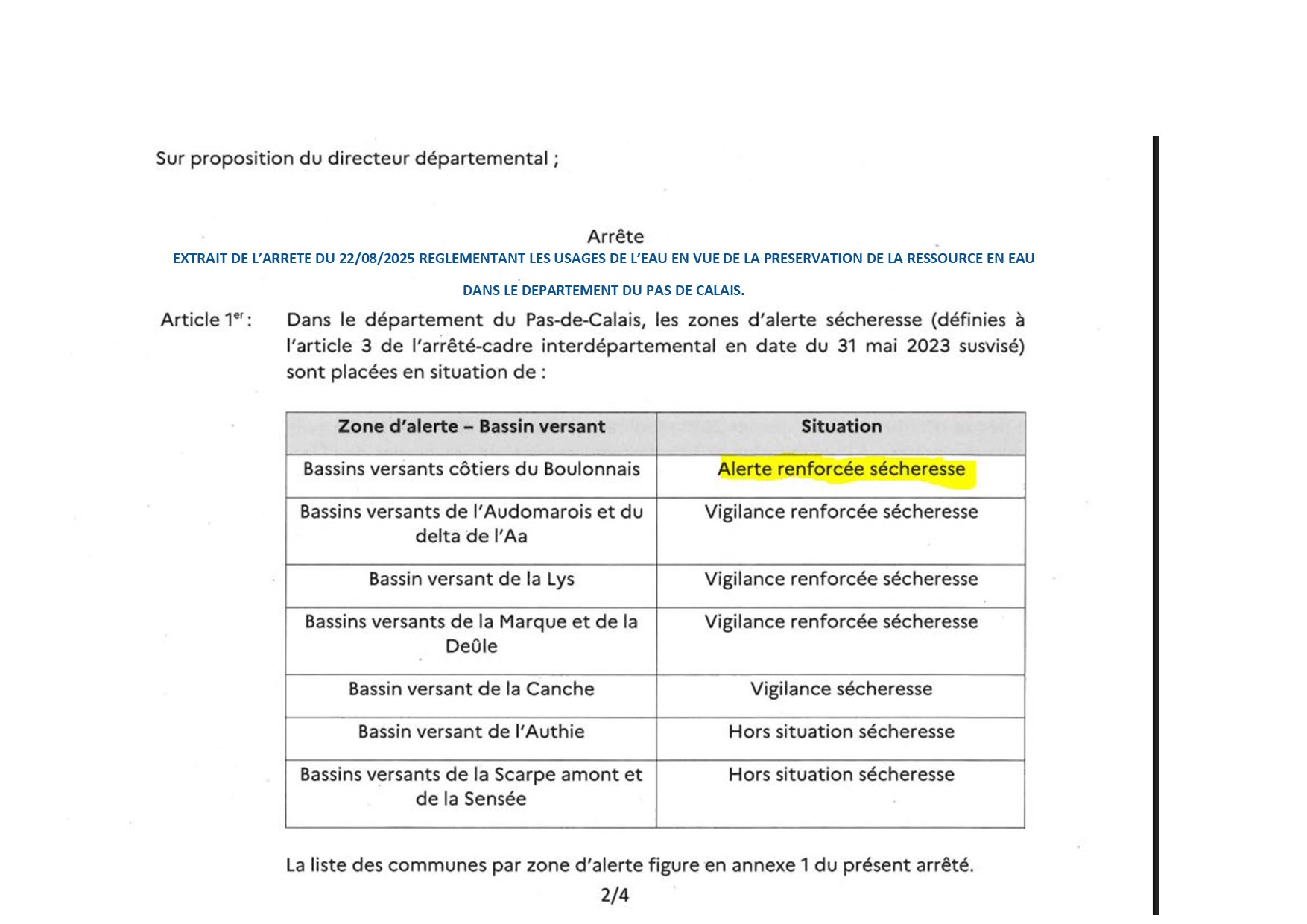 Par Arrêté Préfectoral du 22/08/2025, le Préfet du Pas de Calais a ...