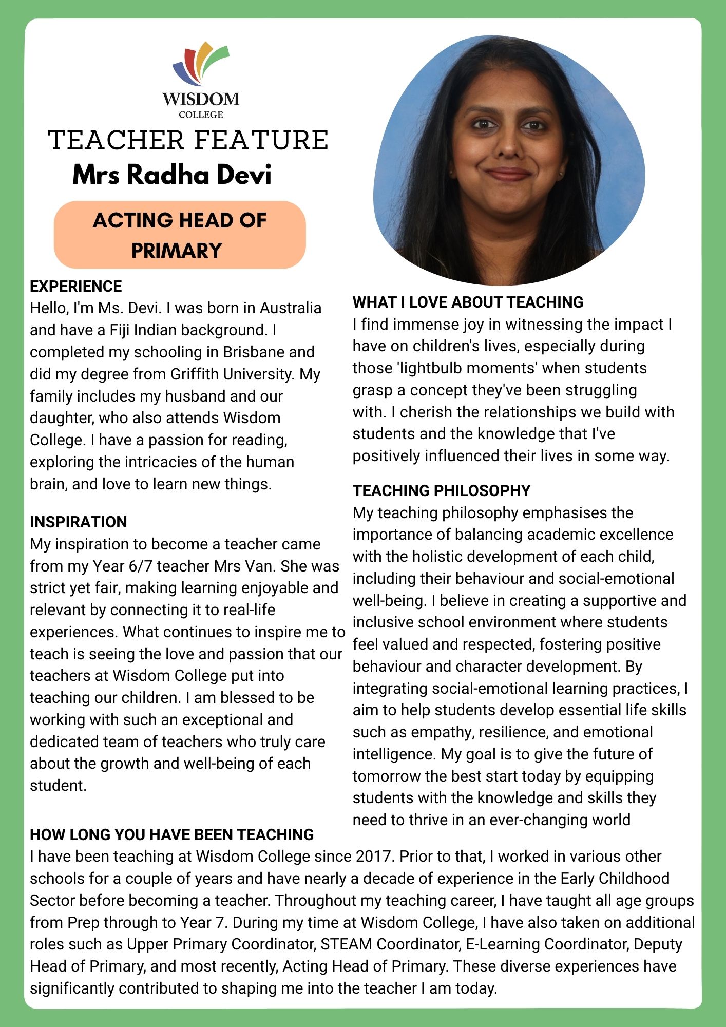 Wisdom College - Meet Mrs. Devi! With nearly a decade of... | Facebook