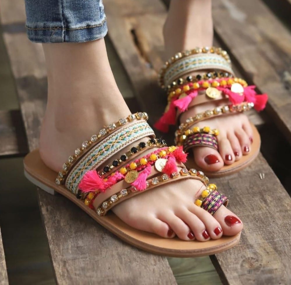 Bio Rock Ladies Beaded Boho Flip Flop Sandals - Summer Beach Wedge Sandals 1 thumbnail image